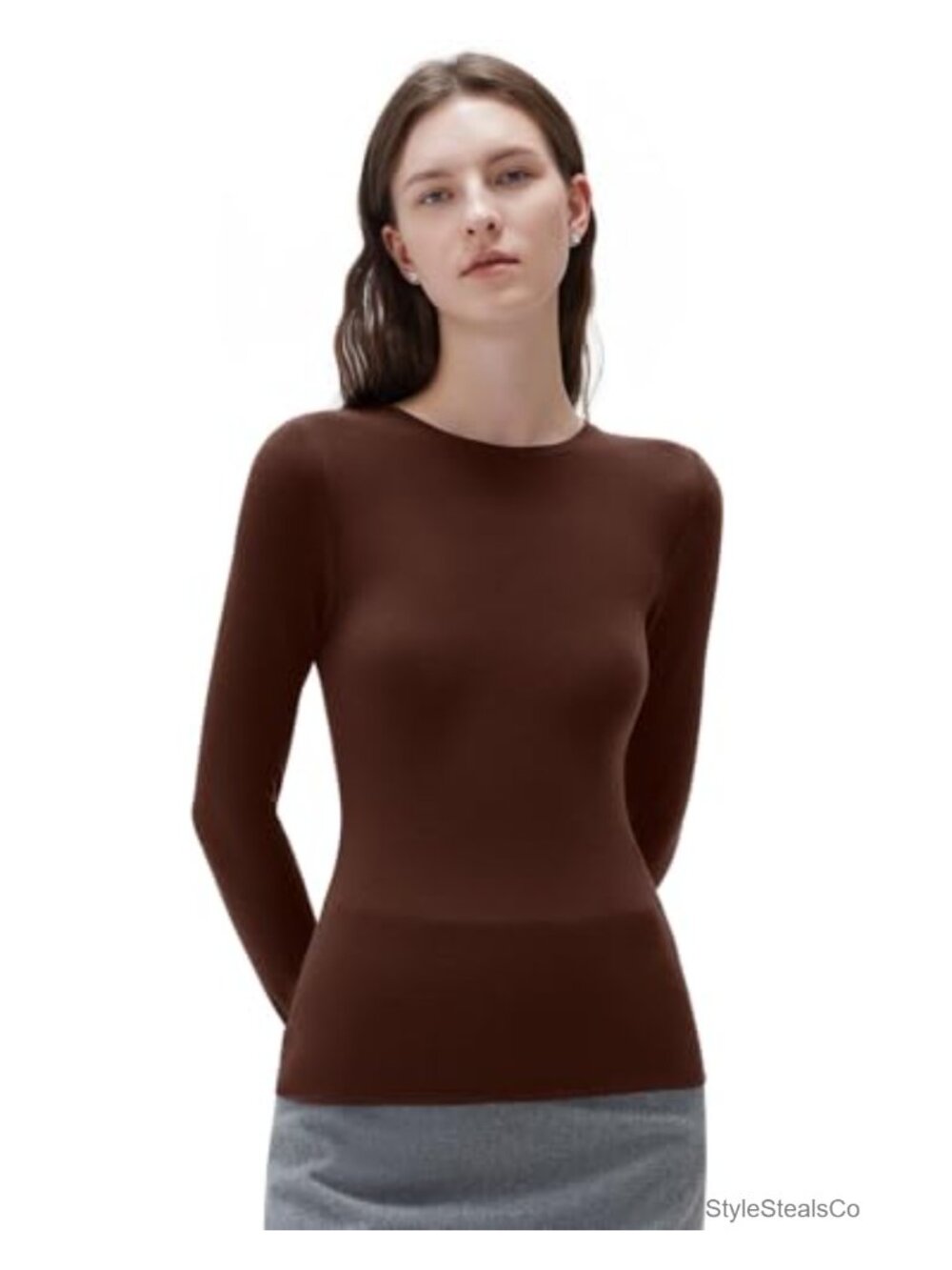 Cashmere Modal Fitted Long Sleeve Crew Neck T-Shirt Women